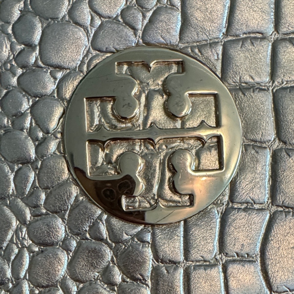 Tory Burch Metallic Gold Croc-Embossed Clutch - Picture 2 of 6